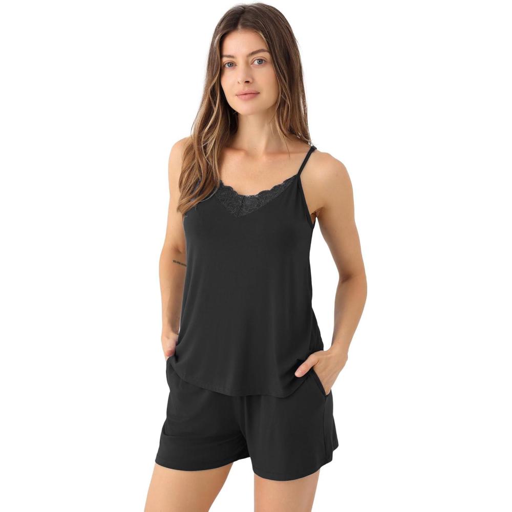 imageGYS Womens Pajama Sets Bamboo Viscose Camisole Tops and Shorts Soft 2 Piece SleepwearBlack
