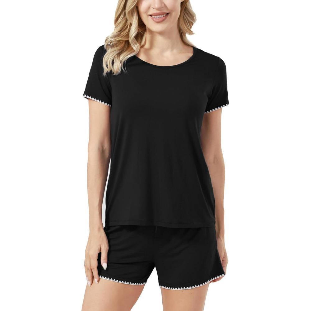 imageGYS Womens Pajama Sets Bambooderived Viscose Short Sleeve 2Piece Soft Summer Sleep SetBlack