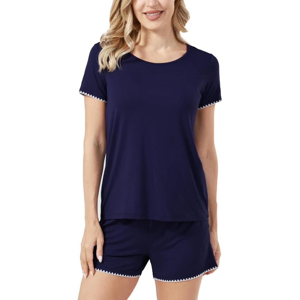 imageGYS Womens Pajama Sets Bambooderived Viscose Short Sleeve 2Piece Soft Summer Sleep SetNavy