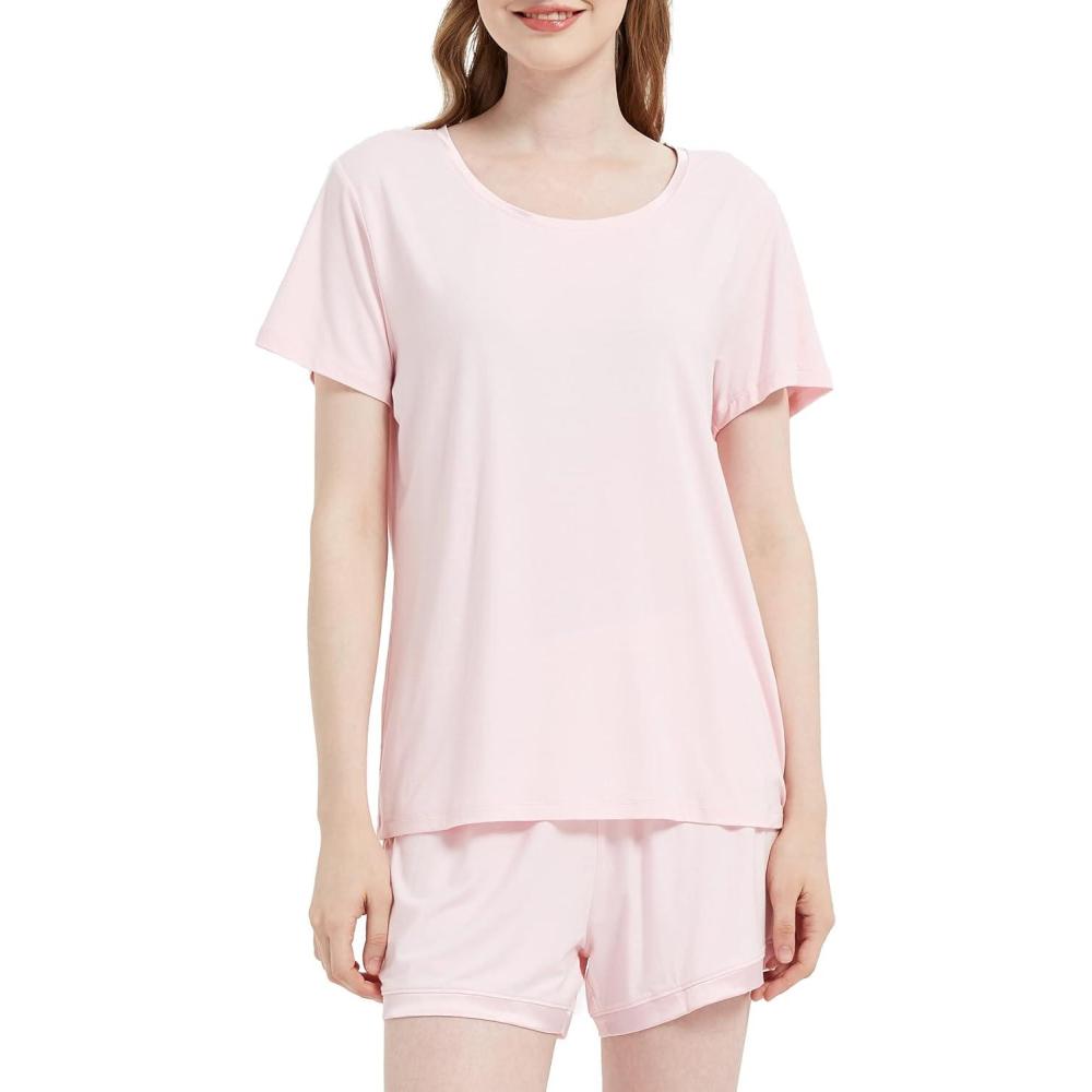 imageGYS Womens Pajama Sets Short Sleeve Soft Sleepwear Tops and Shorts Pjs Bamboo Viscose LoungewearPink