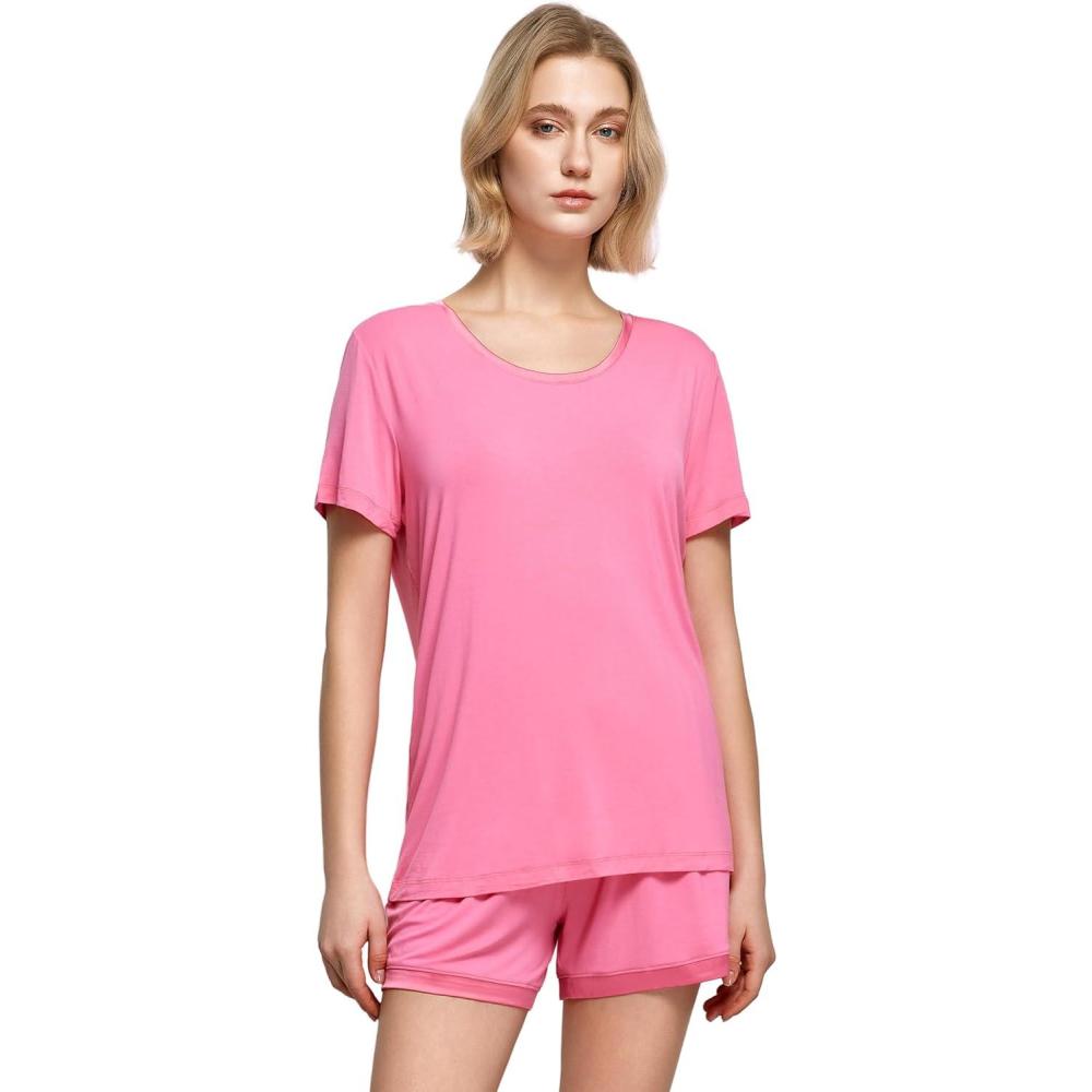 imageGYS Womens Pajama Sets Short Sleeve Soft Sleepwear Tops and Shorts Pjs Bamboo Viscose LoungewearRaspberry Pink