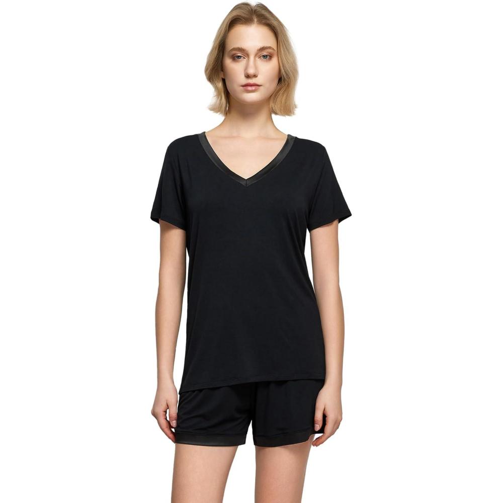 imageGYS Womens Pajama Sets Short Sleeve Soft Sleepwear Tops and Shorts Pjs Bamboo Viscose LoungewearVneck Black