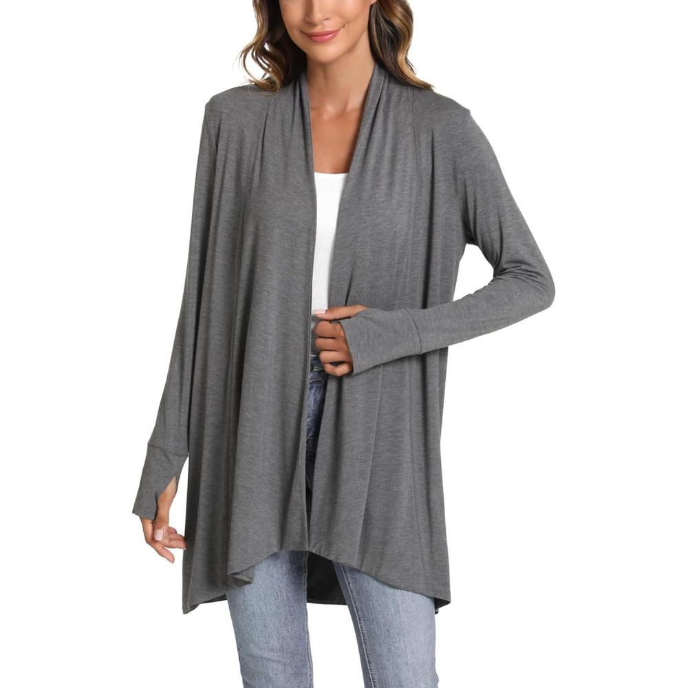 imageLazyCozy Womens Lightweight Long Sleeve Draped Cardigan Slouchy Open Front Cover Up Stretch Jersey SweaterDark Heather Grey