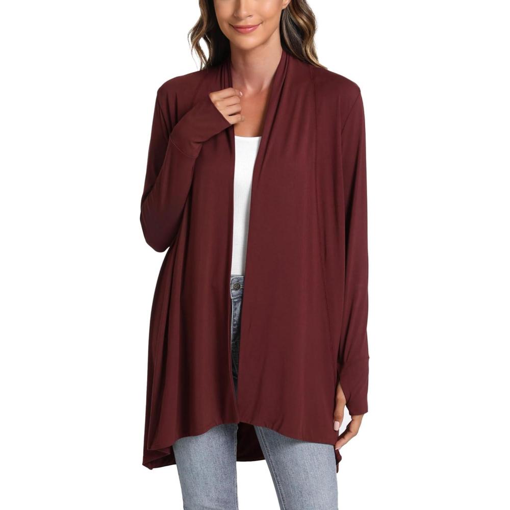 imageLazyCozy Womens Lightweight Long Sleeve Draped Cardigan Slouchy Open Front Cover Up Stretch Jersey SweaterFicus Red
