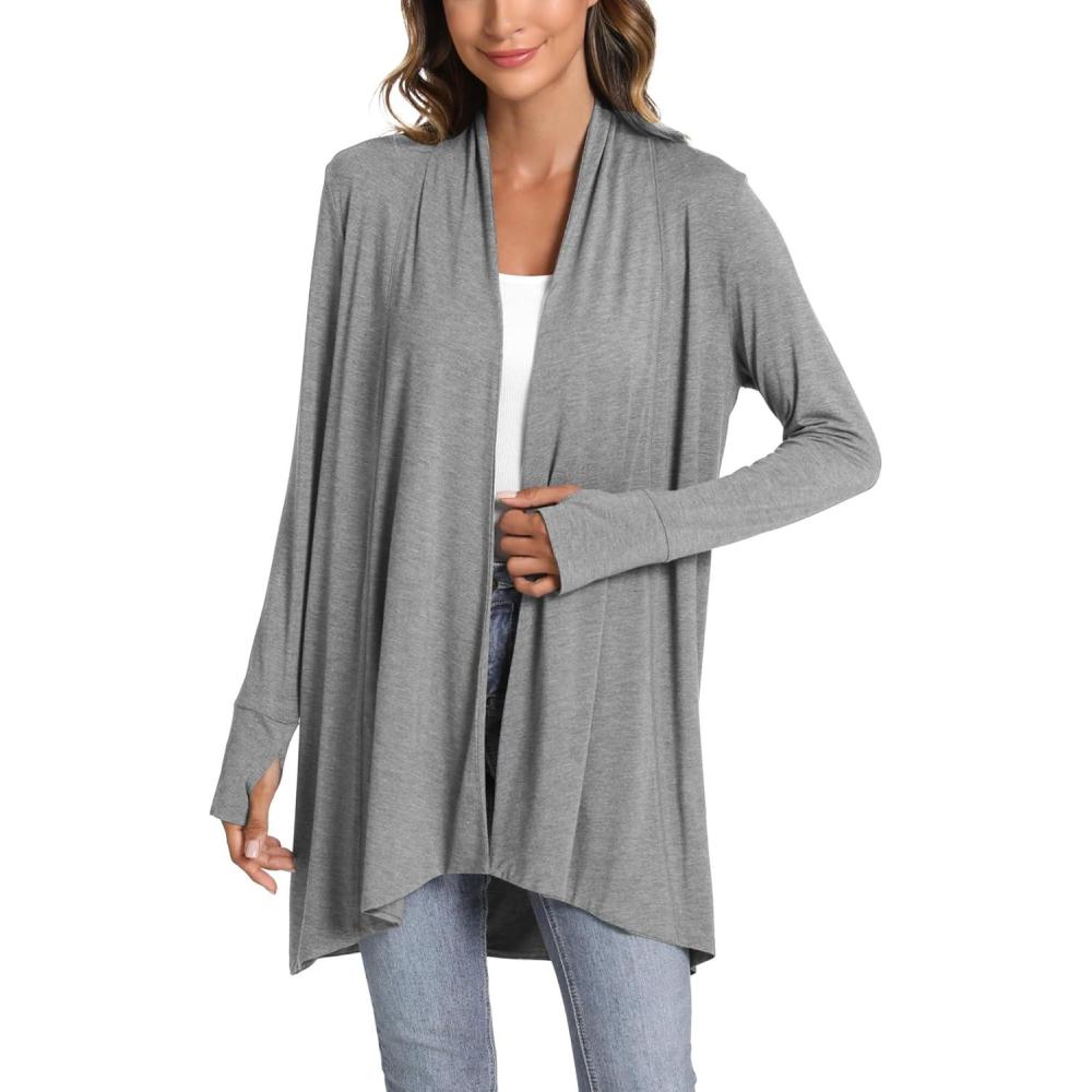 imageLazyCozy Womens Lightweight Long Sleeve Draped Cardigan Slouchy Open Front Cover Up Stretch Jersey SweaterHeather Grey