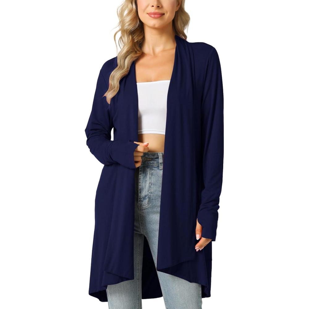 imageLazyCozy Womens Lightweight Long Sleeve Draped Cardigan Slouchy Open Front Cover Up Stretch Jersey SweaterNavy