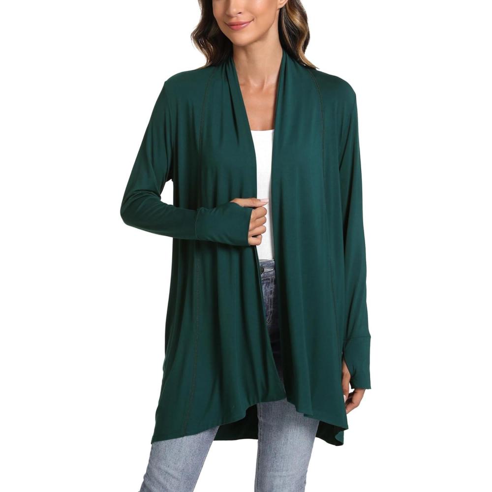 imageLazyCozy Womens Lightweight Long Sleeve Draped Cardigan Slouchy Open Front Cover Up Stretch Jersey SweaterPeacock Green