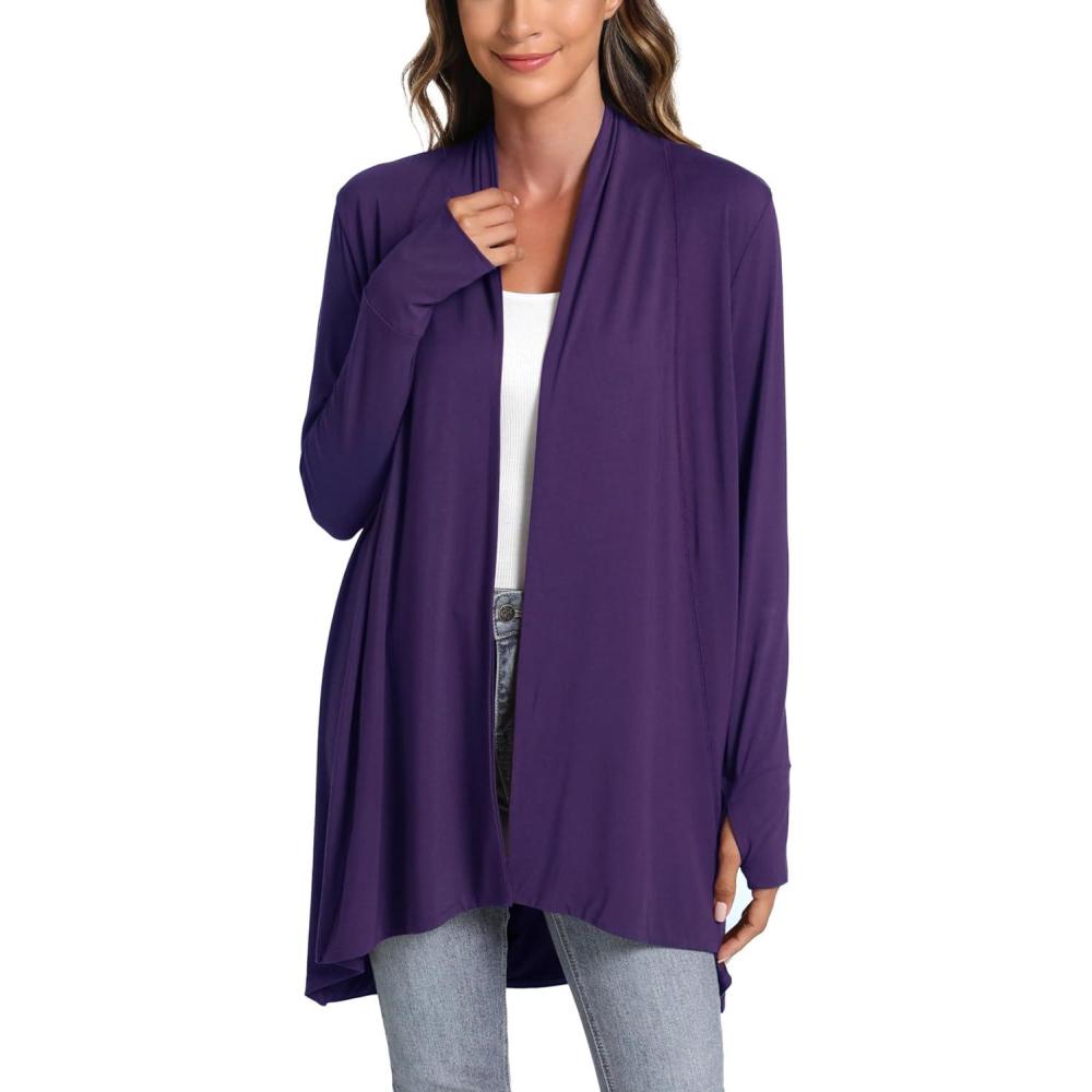 imageLazyCozy Womens Lightweight Long Sleeve Draped Cardigan Slouchy Open Front Cover Up Stretch Jersey SweaterPurple