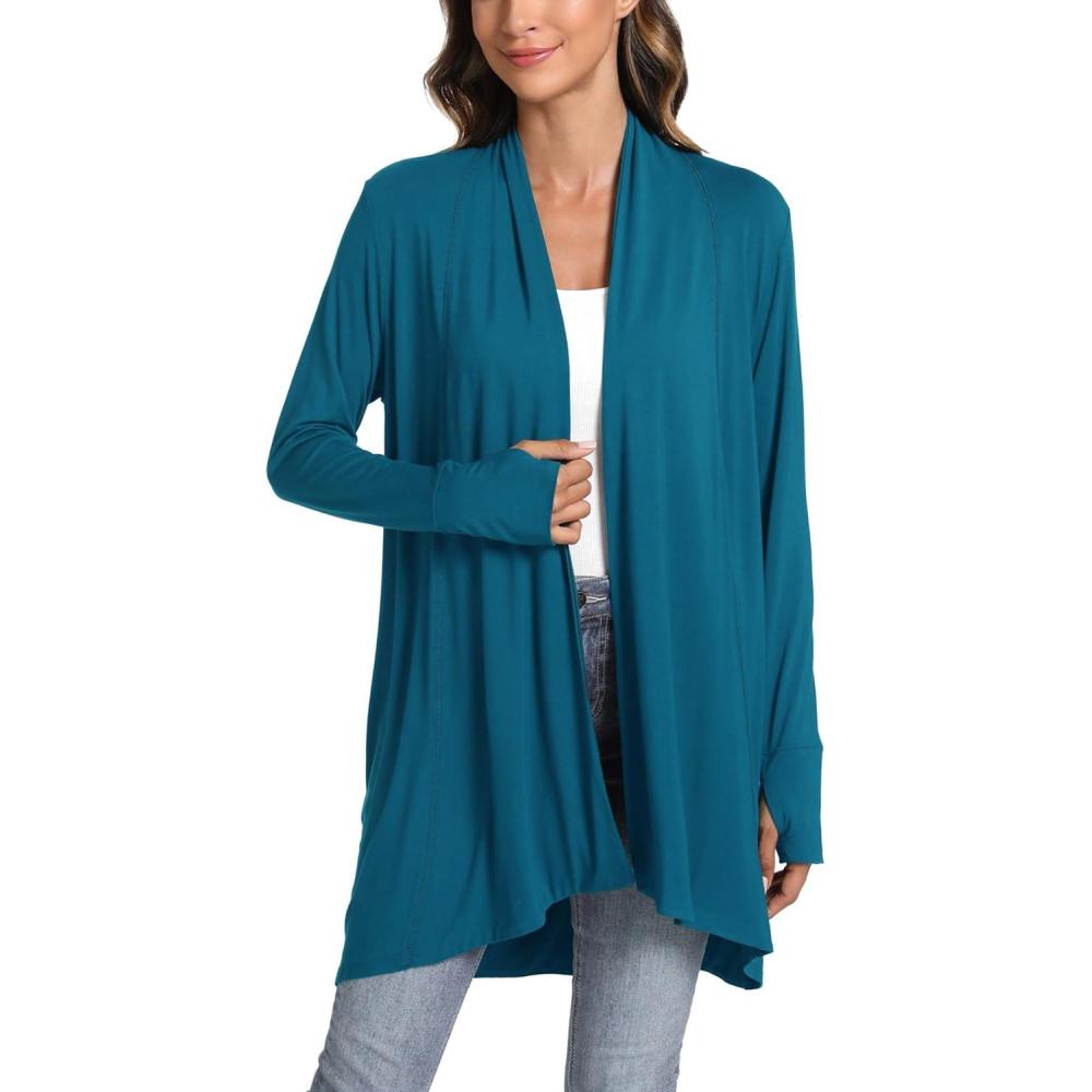 imageLazyCozy Womens Lightweight Long Sleeve Draped Cardigan Slouchy Open Front Cover Up Stretch Jersey SweaterTeal Blue