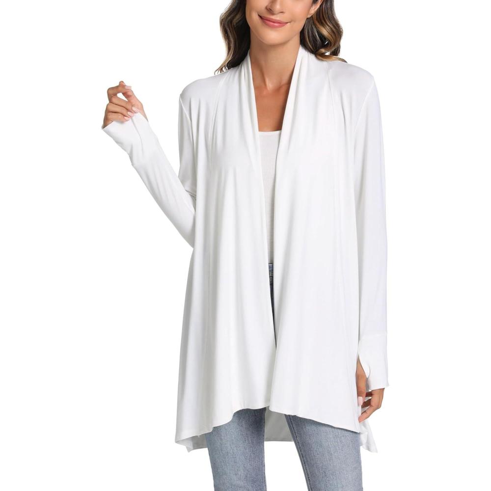 imageLazyCozy Womens Lightweight Long Sleeve Draped Cardigan Slouchy Open Front Cover Up Stretch Jersey SweaterWhite