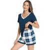 GYS Bamboo Viscose Pajamas for Women Set, Soft Short Sleeve Top and Shorts Sleepwear, Comfy Lightweight Lounge Pajama Set(White Green Plaid)