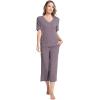GYS Bamboo Viscose Sleep Sets for Women Short Sleeve V-Neck Top and Capri Pants Pajama Sets(Purplish Grey)