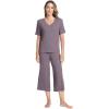 GYS Bamboo Viscose Sleep Sets for Women Short Sleeve V-Neck Top and Capri Pants Pajama Sets(Purplish Grey)
