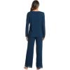 GYS Bamboo Viscose Women’s Pajama Sets Long Sleeve Lace V-Neck Soft 2 Piece Sleep Set(Ink Blue)