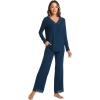 GYS Bamboo Viscose Women’s Pajama Sets Long Sleeve Lace V-Neck Soft 2 Piece Sleep Set(Ink Blue)