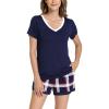 GYS Bamboo Viscose Pajamas for Women Set, Soft Short Sleeve Top and Shorts Sleepwear, Comfy Lightweight Lounge Pajama Set(Navy Red Plaid)