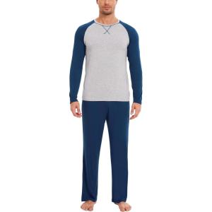 GYS Bamboo Viscose Men’s Pajama Sets Long Sleeve 2 Piece Lounge Set with Pockets(Deep Blue)