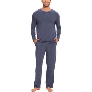 GYS Bamboo Viscose Men’s Pajama Sets Long Sleeve Crew Neck Lounge Set with Pockets(Deep Blue)