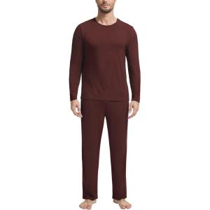 GYS Bamboo Viscose Men’s Pajama Sets Long Sleeve Crew Neck Lounge Set with Pockets(Ficus Red)