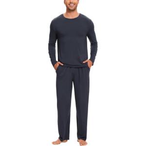 GYS Bamboo Viscose Men’s Pajama Sets Long Sleeve Crew Neck Lounge Set with Pockets(Midnight Blue)