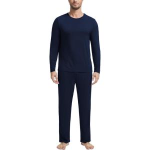 GYS Bamboo Viscose Men’s Pajama Sets Long Sleeve Crew Neck Lounge Set with Pockets(Navy)