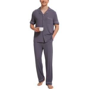 GYS Bamboo Viscose Men’s Pajama Sets Short Sleeve Notch Collar Lounge Set with Pockets(Dark Grey)