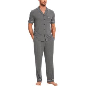 GYS Bamboo Viscose Men’s Pajama Sets Short Sleeve Notch Collar Lounge Set with Pockets(Dark Heather Grey)