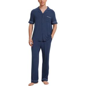 GYS Bamboo Viscose Men’s Pajama Sets Short Sleeve Notch Collar Lounge Set with Pockets(Deep Blue)