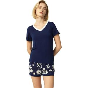 GYS Bamboo Viscose Pajamas for Women Set, Soft Short Sleeve Top and Shorts Sleepwear, Comfy Lightweight Lounge Pajama Set(Navy Flowers)