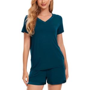 GYS Bamboo Viscose Pajamas for Women Set, Soft Short Sleeve Top and Shorts Sleepwear, Comfy Lightweight Lounge Pajama Set(Peacock Blue)