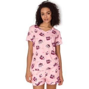 GYS Bamboo Viscose Pajamas for Women Set, Soft Short Sleeve Top and Shorts Sleepwear, Comfy Lightweight Lounge Pajama Set(Pink Coffee Cup)