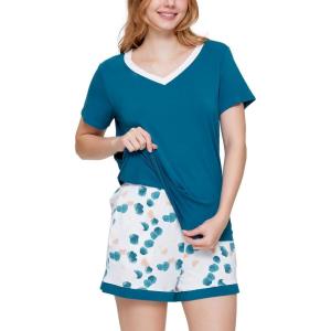 GYS Bamboo Viscose Pajamas for Women Set, Soft Short Sleeve Top and Shorts Sleepwear, Comfy Lightweight Lounge Pajama Set(Teal Blue)