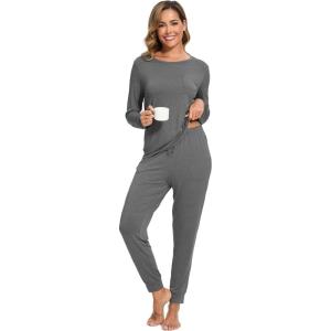 GYS Bamboo Viscose Sleep Sets for Women Long Sleeve Crew Neck Pajama Sets with Pockets(Dark Heather Grey)