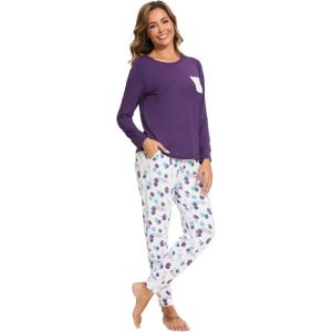 GYS Bamboo Viscose Sleep Sets for Women Long Sleeve Crew Neck Pajama Sets with Pockets(Purple Dots)