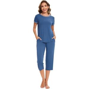 GYS Bamboo Viscose Women’s Pajama Set, 2 Piece Lounge Short Sleeve Capris Pjs(Prussian Blue)