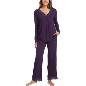 GYS Bamboo Viscose Women’s Pajama Sets Long Sleeve Lace V-Neck Soft 2 Piece Sleep Set(Deep Purple)