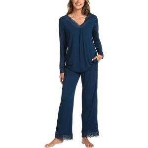 GYS Bamboo Viscose Women’s Pajama Sets Long Sleeve Lace V-Neck Soft 2 Piece Sleep Set(Ink Blue)
