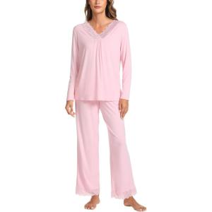 GYS Bamboo Viscose Women’s Pajama Sets Long Sleeve Lace V-Neck Soft 2 Piece Sleep Set(Pink)