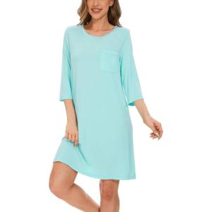 GYS Women’s Bamboo Viscose Nightgowns Crewneck 3/4 Sleeve Sleepwear Comfy Night Shirt Sleep Dress(Aqua)