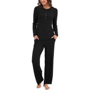 GYS Women’s Long Sleeve Pajama Sets Soft Breathable Fabric Nursing-Friendly Buttons Cool-Touch Bamboo Viscose​(Black)