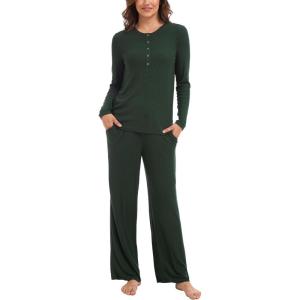 GYS Women’s Long Sleeve Pajama Sets Soft Breathable Fabric Nursing-Friendly Buttons Cool-Touch Bamboo Viscose​(Deep Green)
