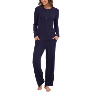 GYS Women’s Long Sleeve Pajama Sets Soft Breathable Fabric Nursing-Friendly Buttons Cool-Touch Bamboo Viscose​(Navy)