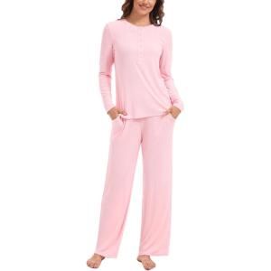 GYS Women’s Long Sleeve Pajama Sets Soft Breathable Fabric Nursing-Friendly Buttons Cool-Touch Bamboo Viscose​(Pink)