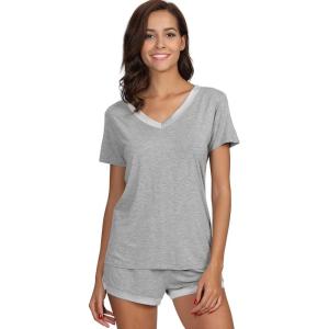 GYS Womens Pajama Sets, Short Sleeve Soft Sleepwear Tops and Shorts Pjs, Bamboo Viscose Loungewear(V-neck Heather Grey)
