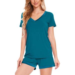 GYS Womens Pajama Sets, Short Sleeve Soft Sleepwear Tops and Shorts Pjs, Bamboo Viscose Loungewear(V-neck Teal Blue)