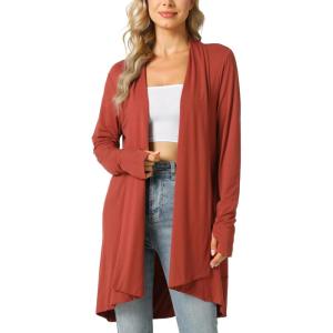 LazyCozy Women’s Lightweight Long Sleeve Draped Cardigan Slouchy Open Front Cover Up Stretch Jersey Sweater(Brick Red)