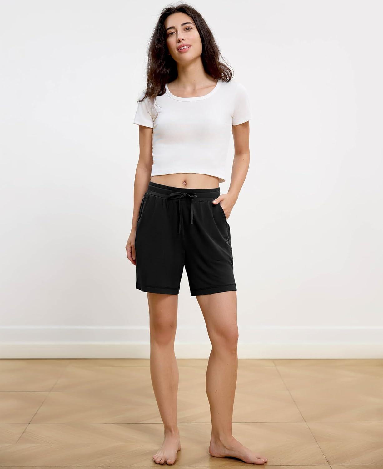 imageGYS Pajama Shorts for Women Bamboo Viscose Soft Comfy Lounge Pj Bottoms with PocketsBlack