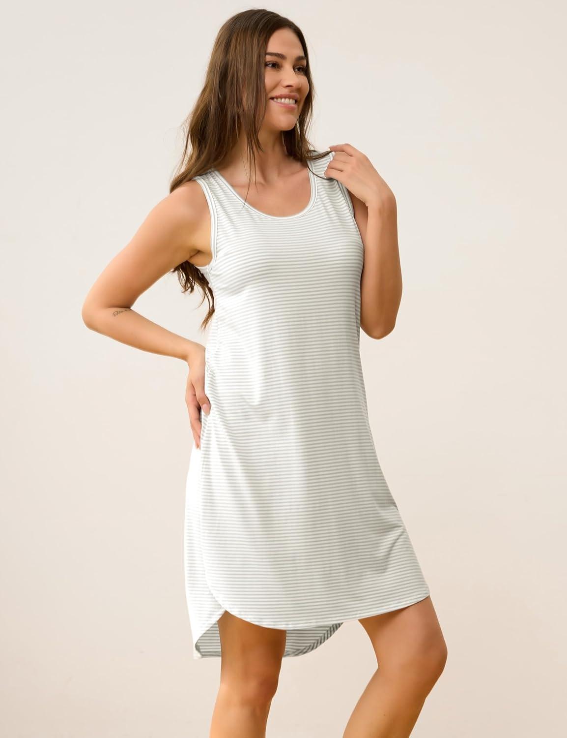 imageGYS Bamboo Viscose Sleeveless Nightgowns for Women Soft Tank Top Sleep Shirt Lightweight Sleepwear Comfy Nightdress PajamasGrey White Stripe