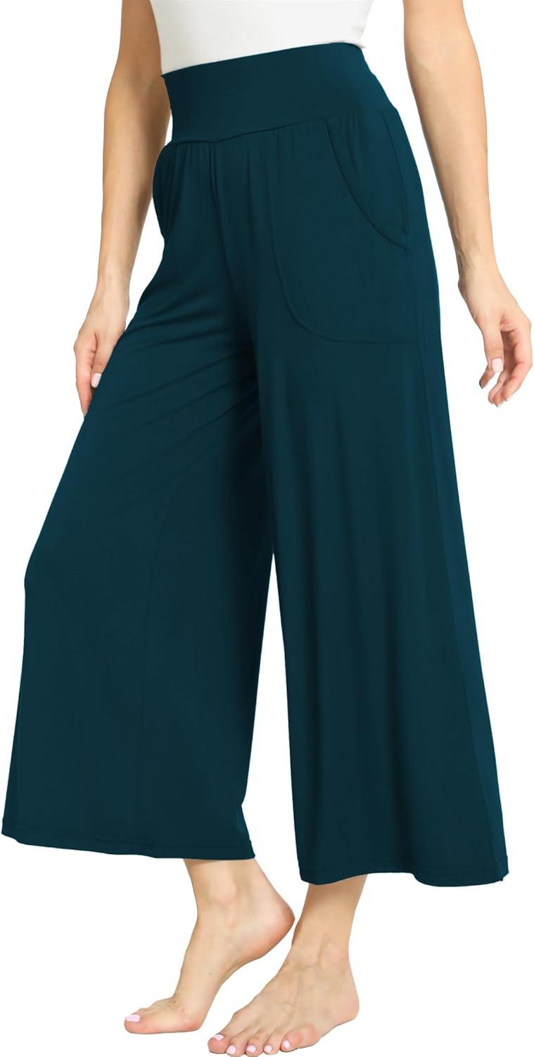 imageGYS Bamboo Viscose Wide Leg Palazzo Cropped Pants High Waist Capris CloudSoft Pajama Pants with Pockets Flowy Yoga PantsInk Blue