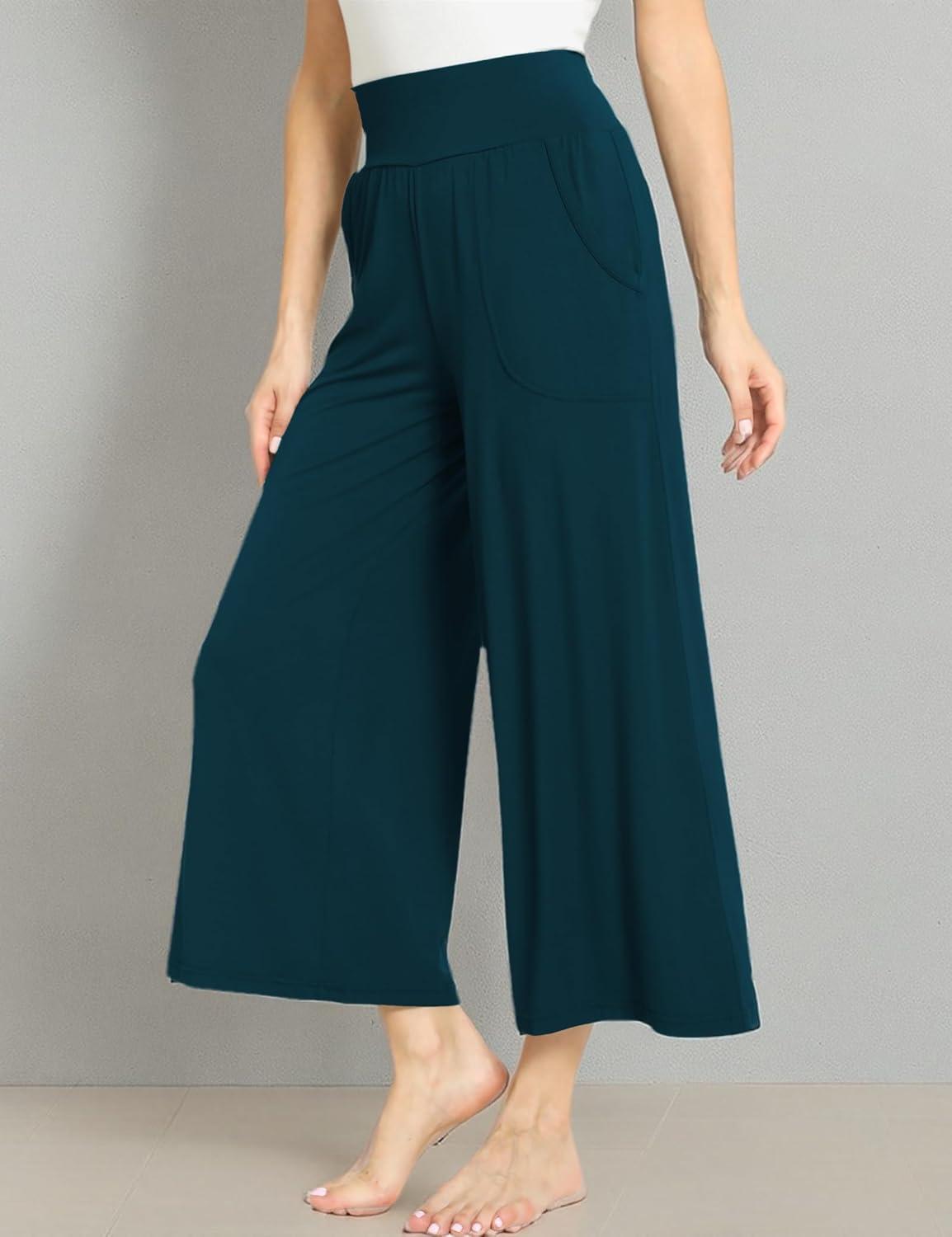 imageGYS Bamboo Viscose Wide Leg Palazzo Cropped Pants High Waist Capris CloudSoft Pajama Pants with Pockets Flowy Yoga PantsInk Blue